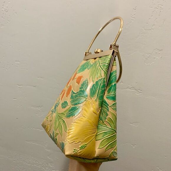 Handmade Genuine Leather Floral Embossed Top Handle Purse & 2 Chain Styles - Picture 10 of 15